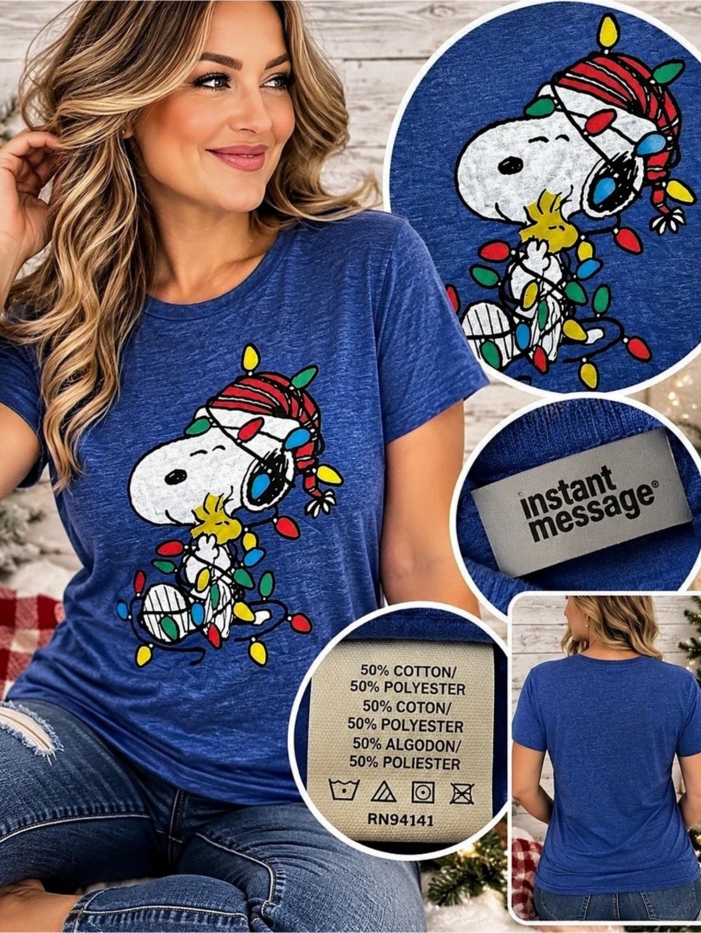 Instant Message Peanuts Snoopy Christmas Lights T-Shirt Blue-small